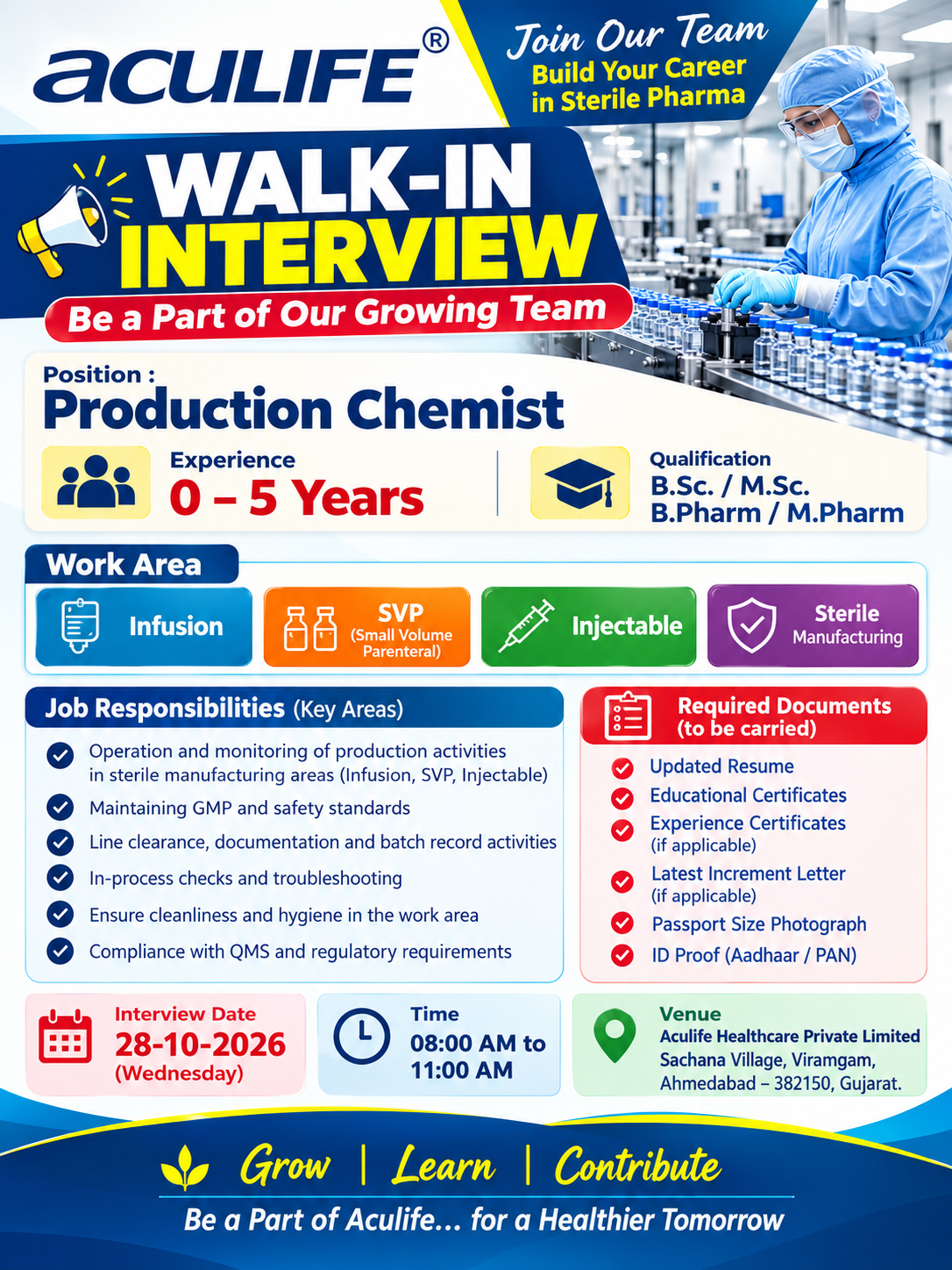 Aculife Healthcare Production Chemist Interview 2026