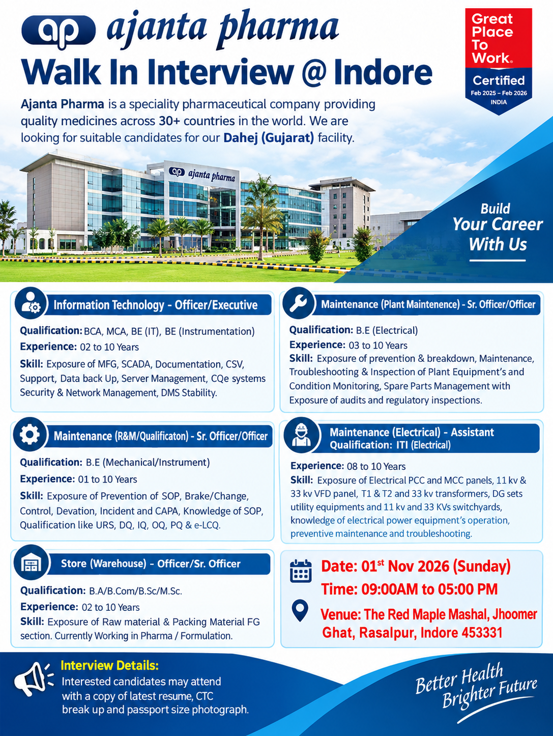 AJANTA PHARMA WALK-IN INTERVIEW 2026
