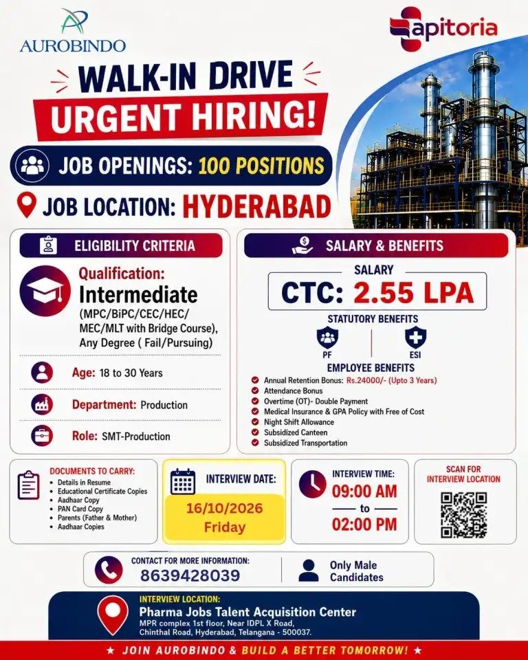 Aurobindo Apitoria Walk-In Interview 2026