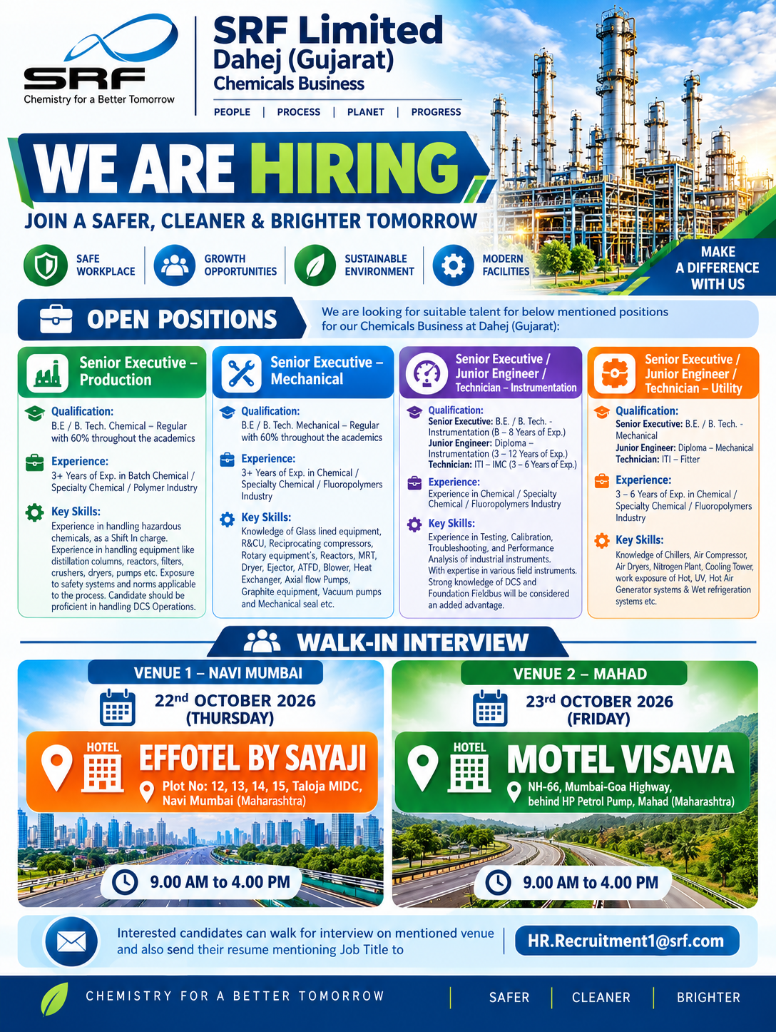 SRF Limited Chemicals Hiring Poster
