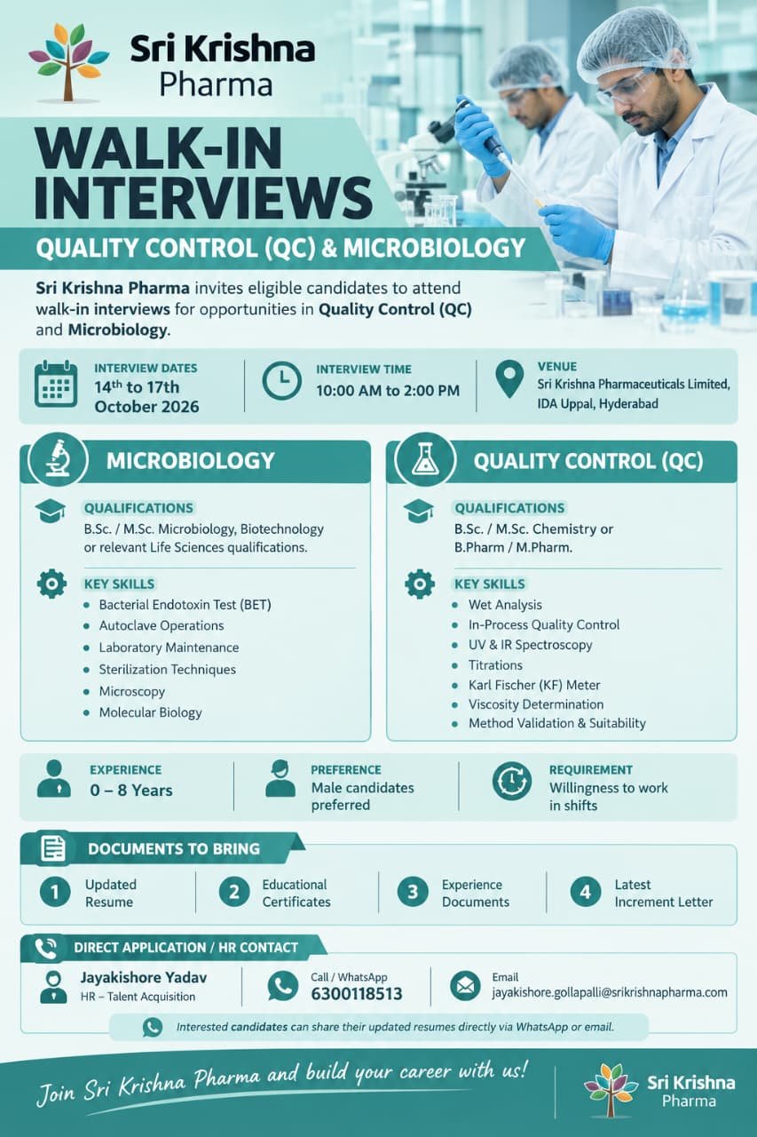Sri Krishna Pharma Walk-In Interview 2026