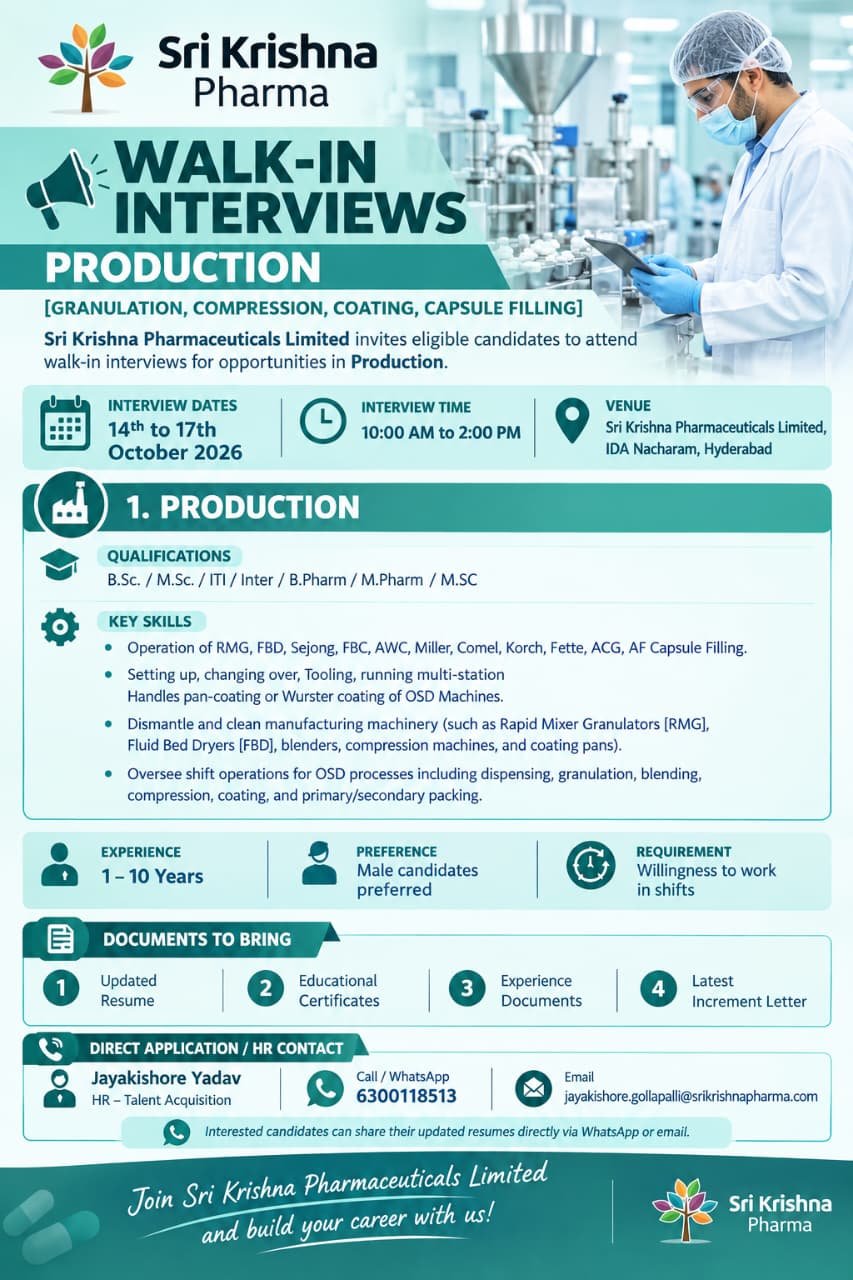 Sri Krishna Pharma Walk-In Interview 2026