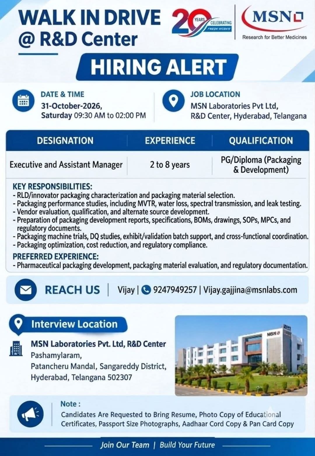 MSN Laboratories Walk-In Interview 2026
