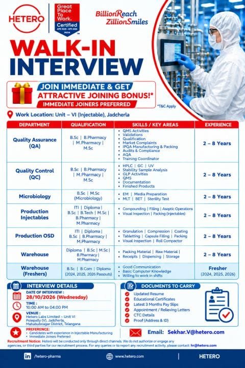 Hetero Walk-In Interview 2026