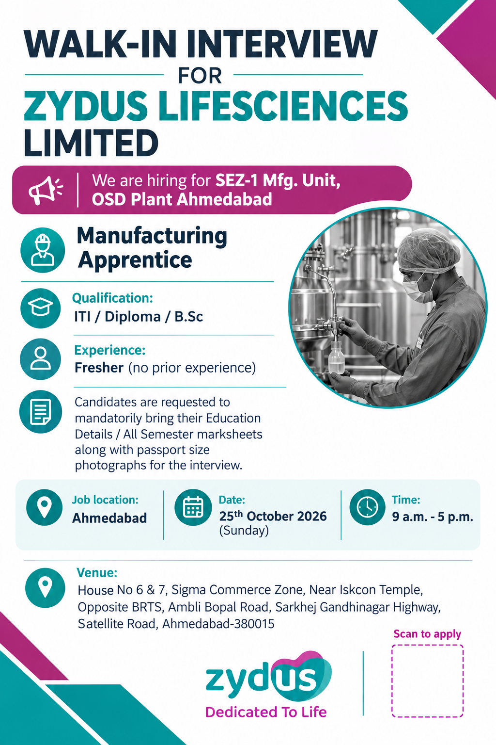 Zydus Lifesciences Apprentice Walk-In Interview 2026