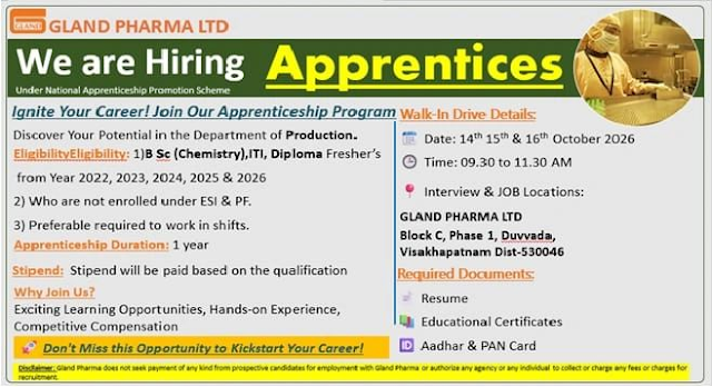 Gland Pharma Apprenticeship Walk-In 2026
