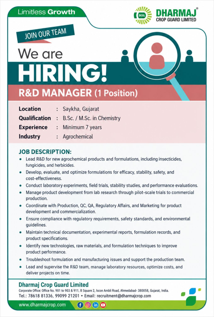Dharmaj Crop Guard R&D Manager Recruitment 2026