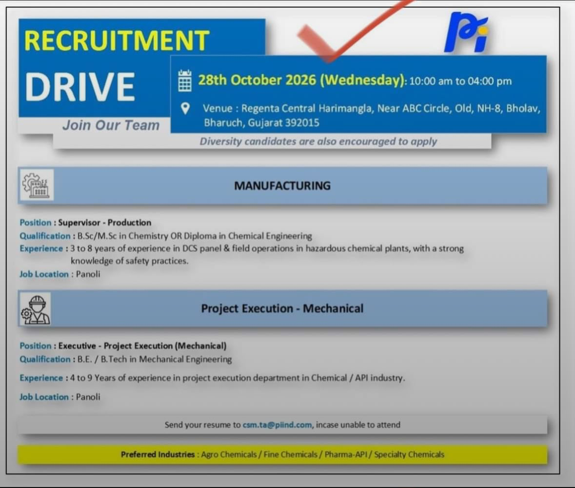 PI Industries Recruitment Drive 2026