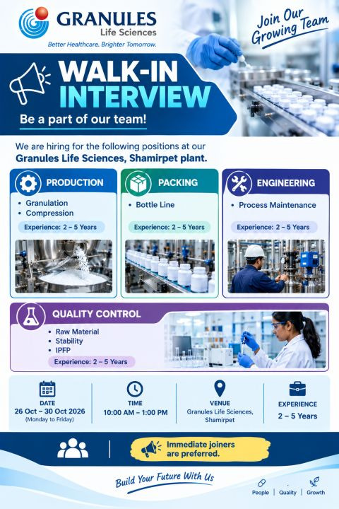 GRANULES LIFE SCIENCES WALK-IN INTERVIEW 2026