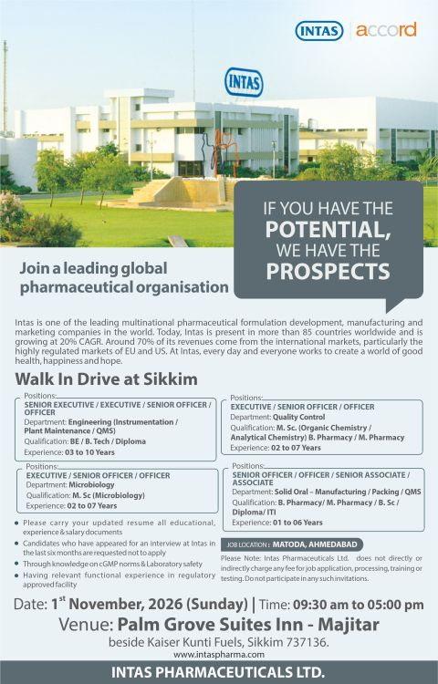 Intas Pharmaceuticals Walk-In Interview 2026