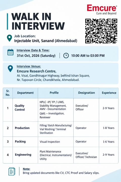 Emcure Pharma Walk-In Interview 2026