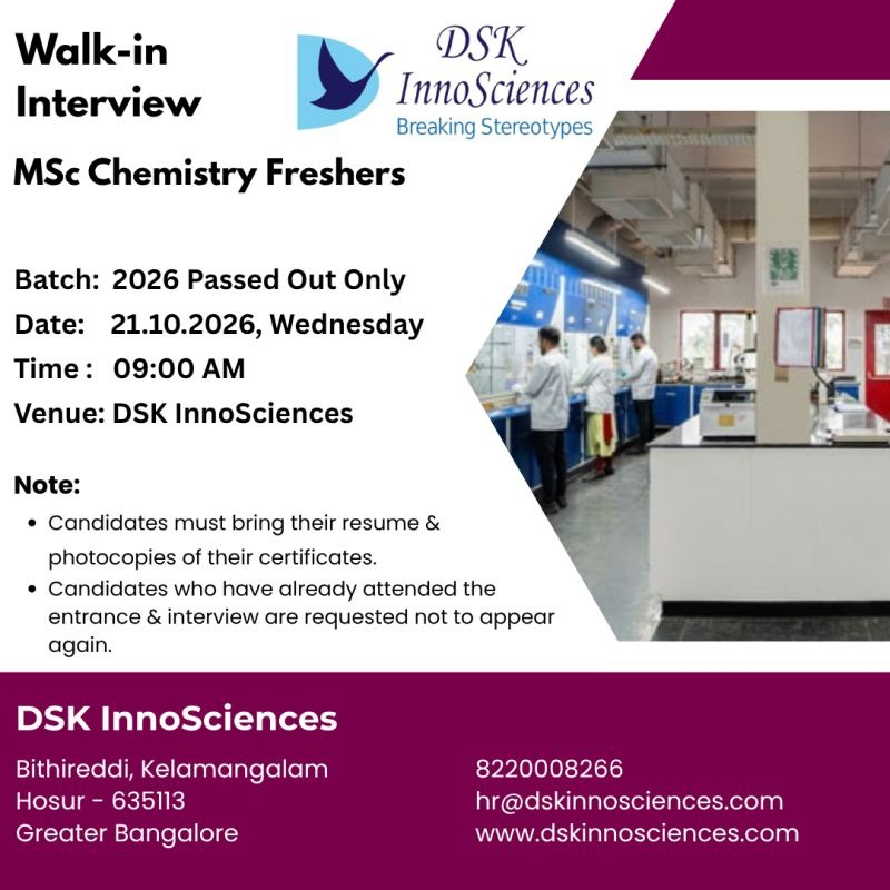 DSK InnoSciences Walk-In Interview 2026