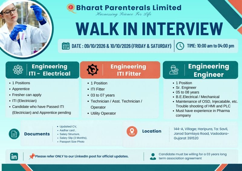 Bharat Parenterals Walk-In Interview 2026