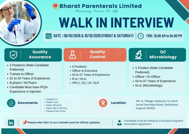 Bharat Parenterals Walk-In Interview 2026