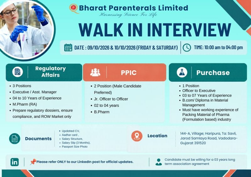 Bharat Parenterals Walk-In Interview 2026