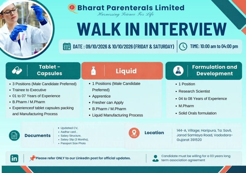 Bharat Parenterals Walk-In Interview 2026
