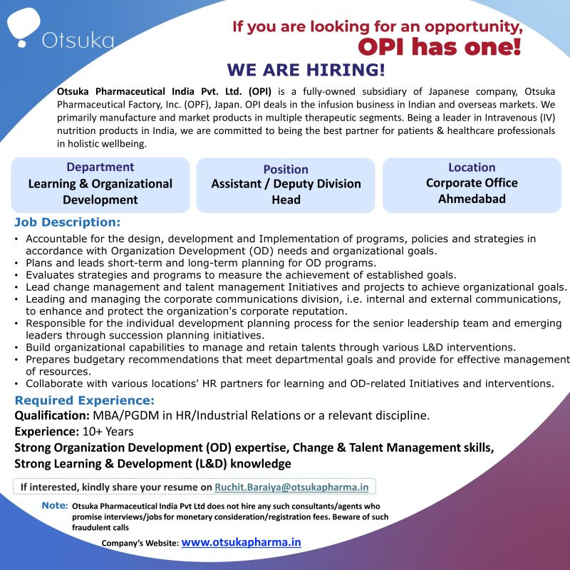 Otsuka Pharmaceutical India Hiring 2026