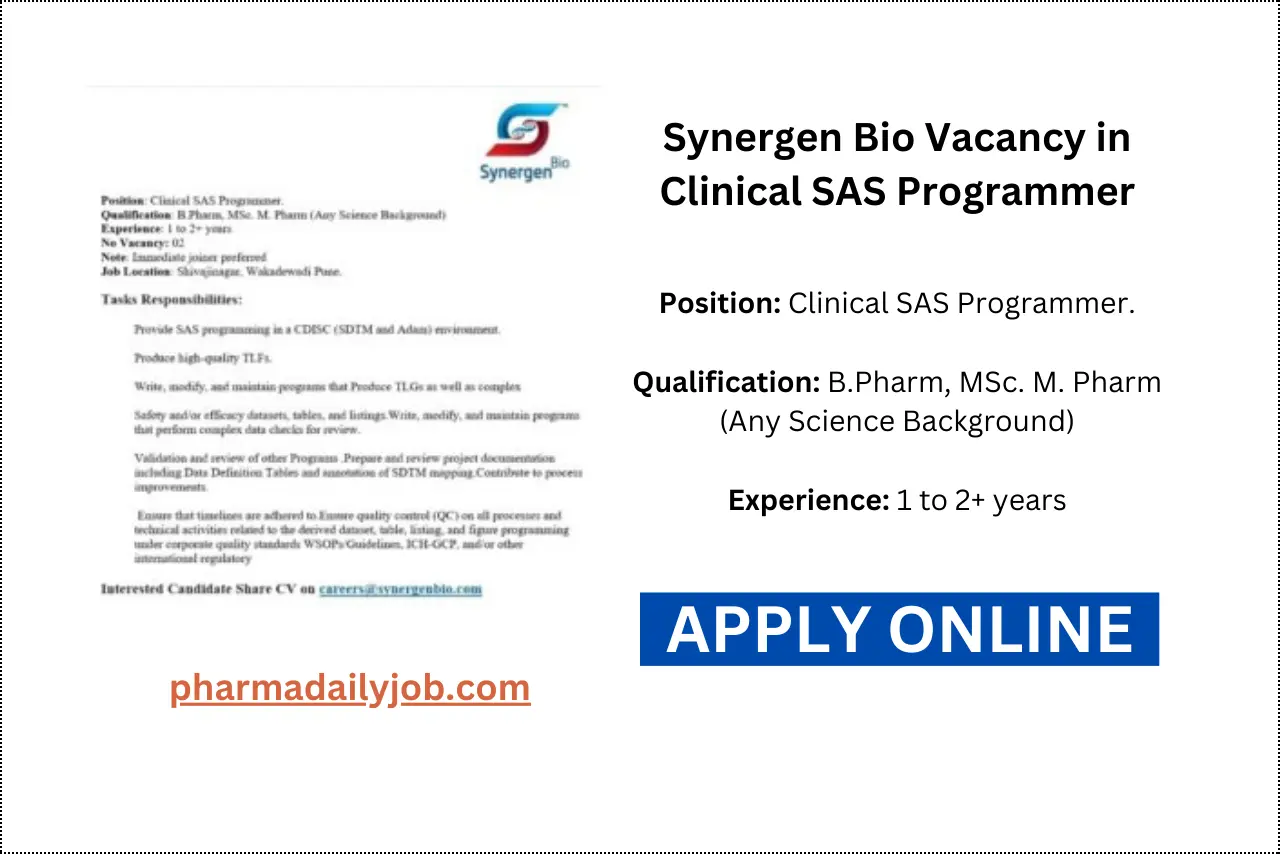 Synergen Bio Vacancy in Clinical SAS Programmer