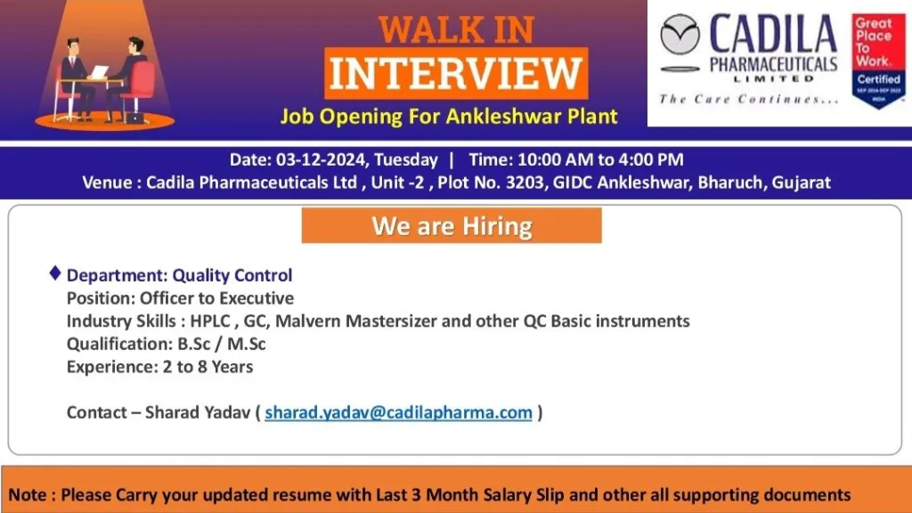 Indeed Jobs Cadila Pharmaceuticals Ltd- Walk In Drive