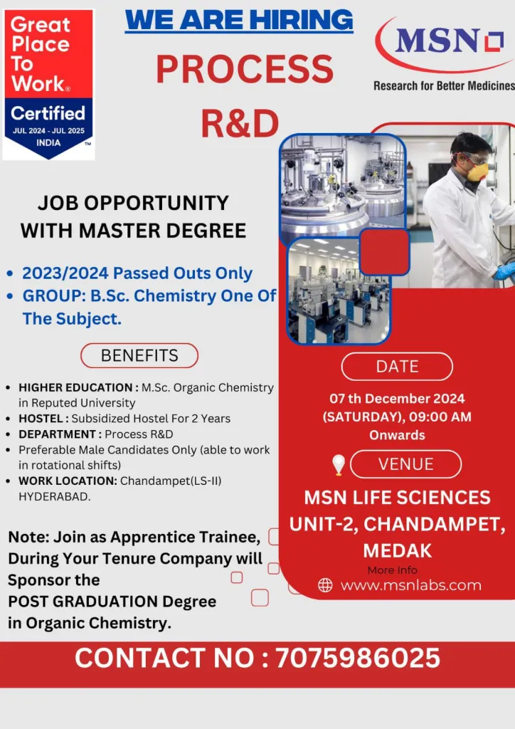 Indeed Jobs MSN Laboratories Freshers Walk-In