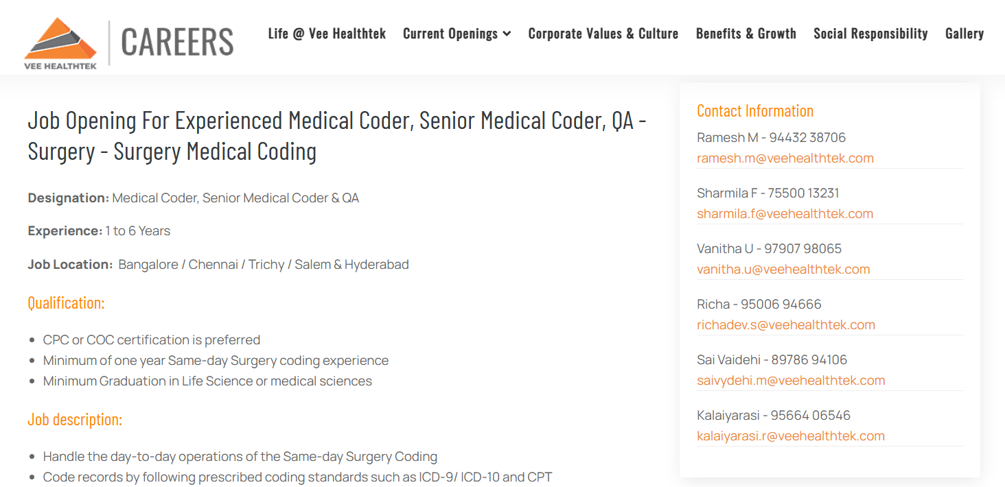 Vee Technologies Hiring Medical Coders & QA