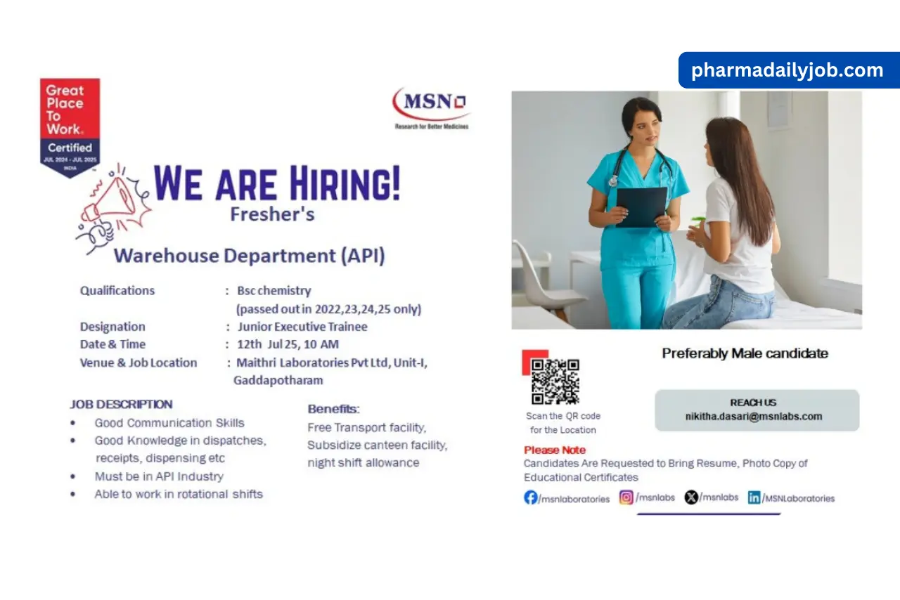 MSN Laboratories Walk-In for Freshers Warehouse Trainee Roles
