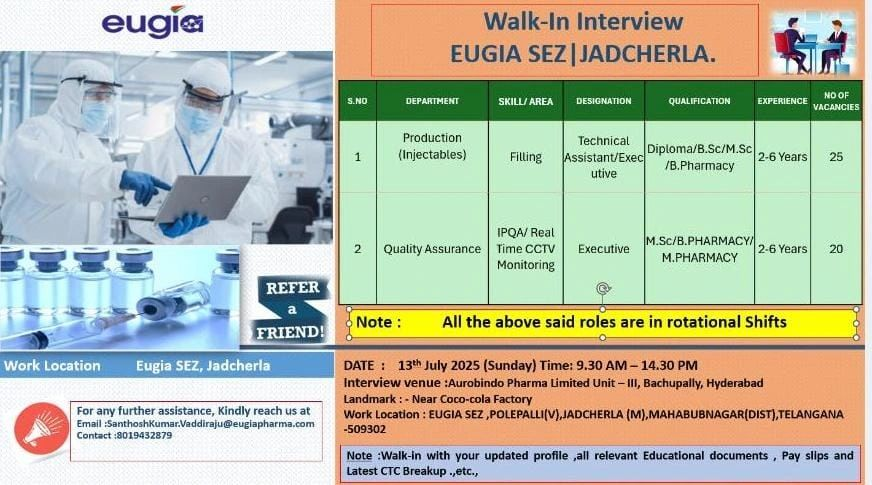 Eugia Pharma (Aurobindo) – Walk-In for Production & QA Roles | 13th July 2025