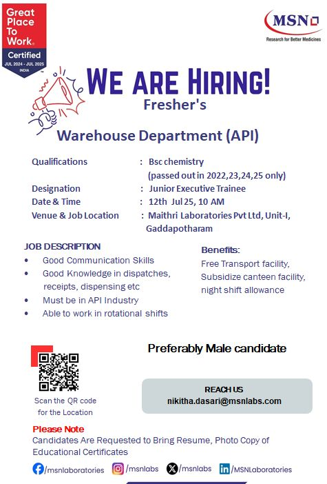MSN Laboratories Walk-In for Freshers: Warehouse Trainee Roles