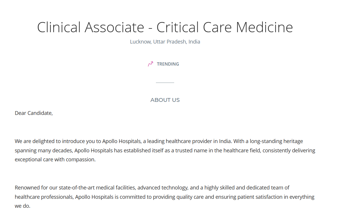 Apollo Hospitals Seeks Clinical Associate