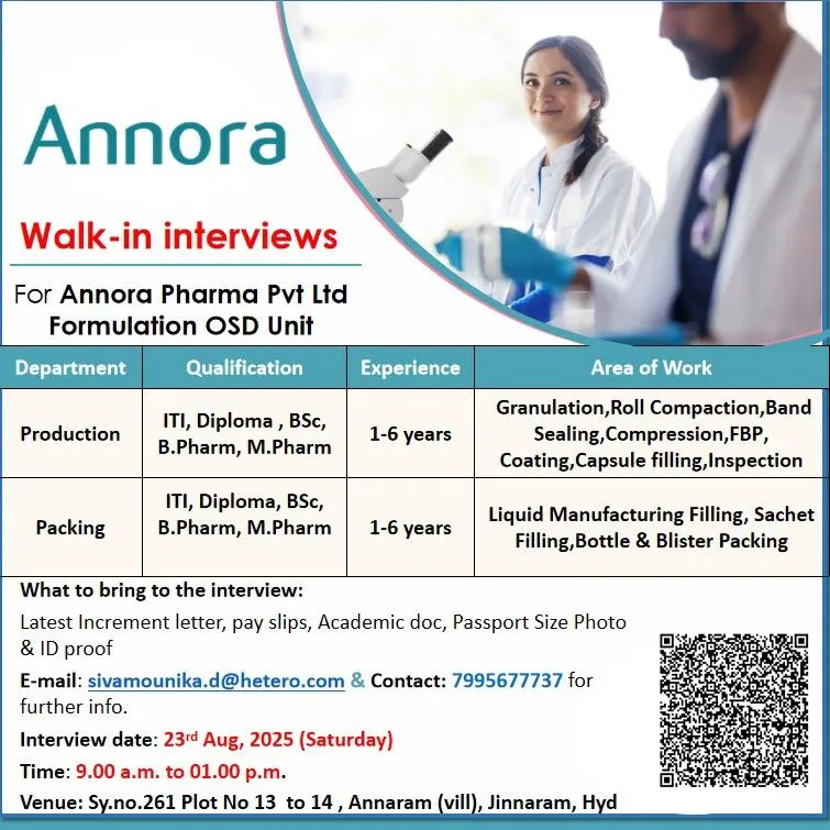 Annora Pharma Announces Walk-In Interviews