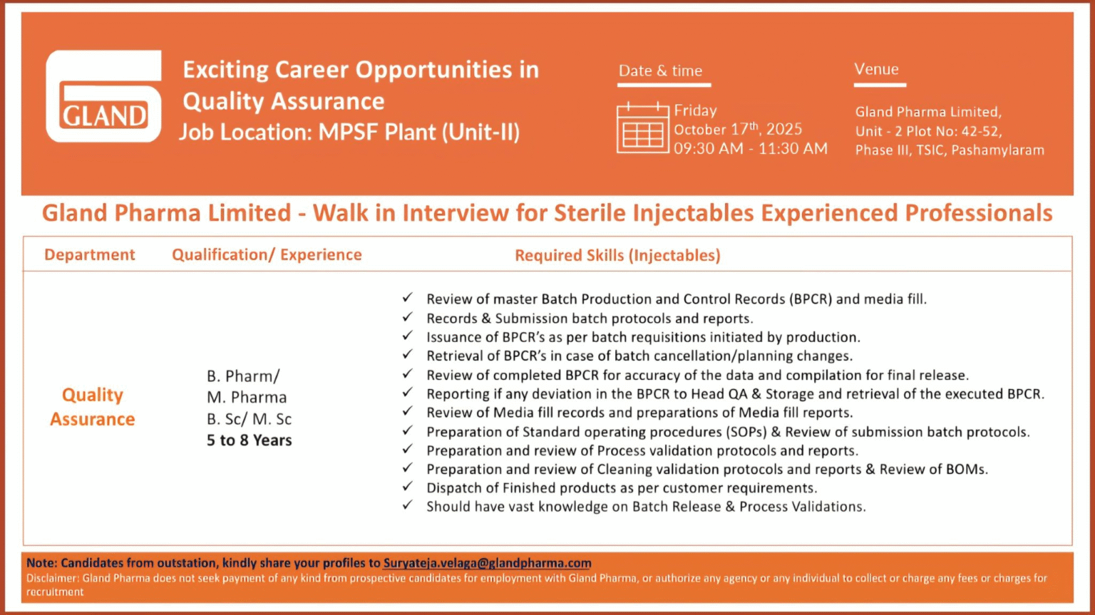 Gland Pharma Hiring