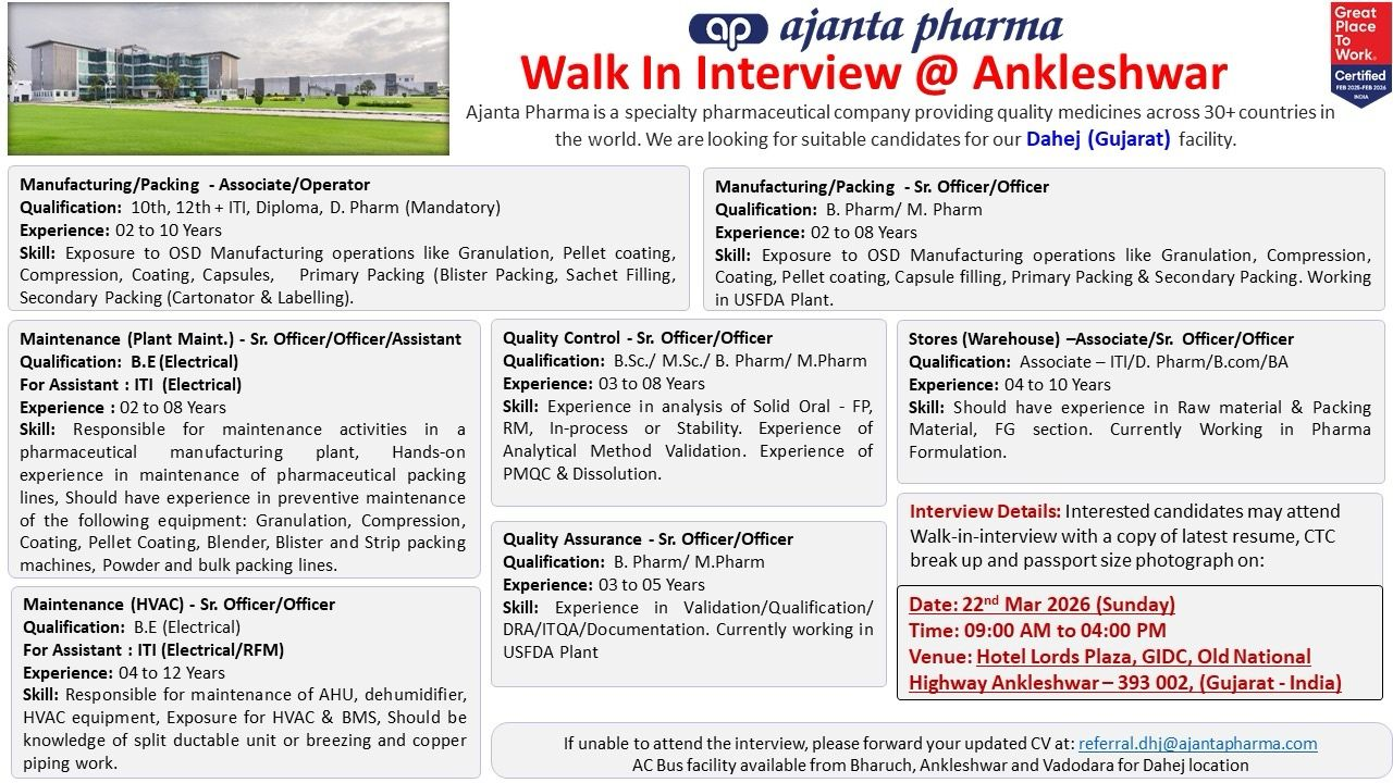 Ajanta Pharma Walk In Interview 2026