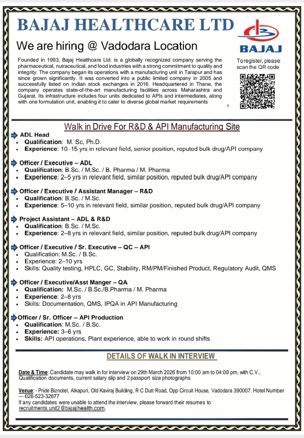 Bajaj Healthcare Walk-in Interview 2026