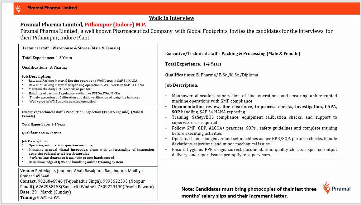 Piramal Pharma Walk-in Interview