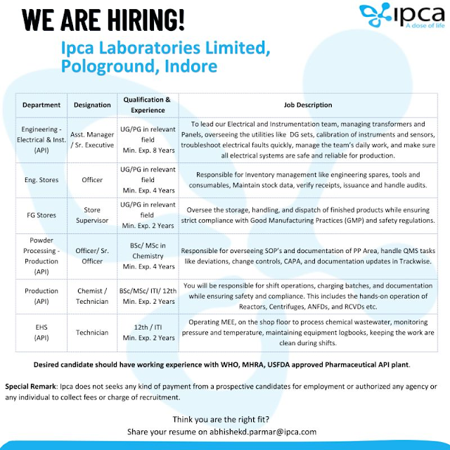 Ipca Laboratories Indore Recruitment 2026