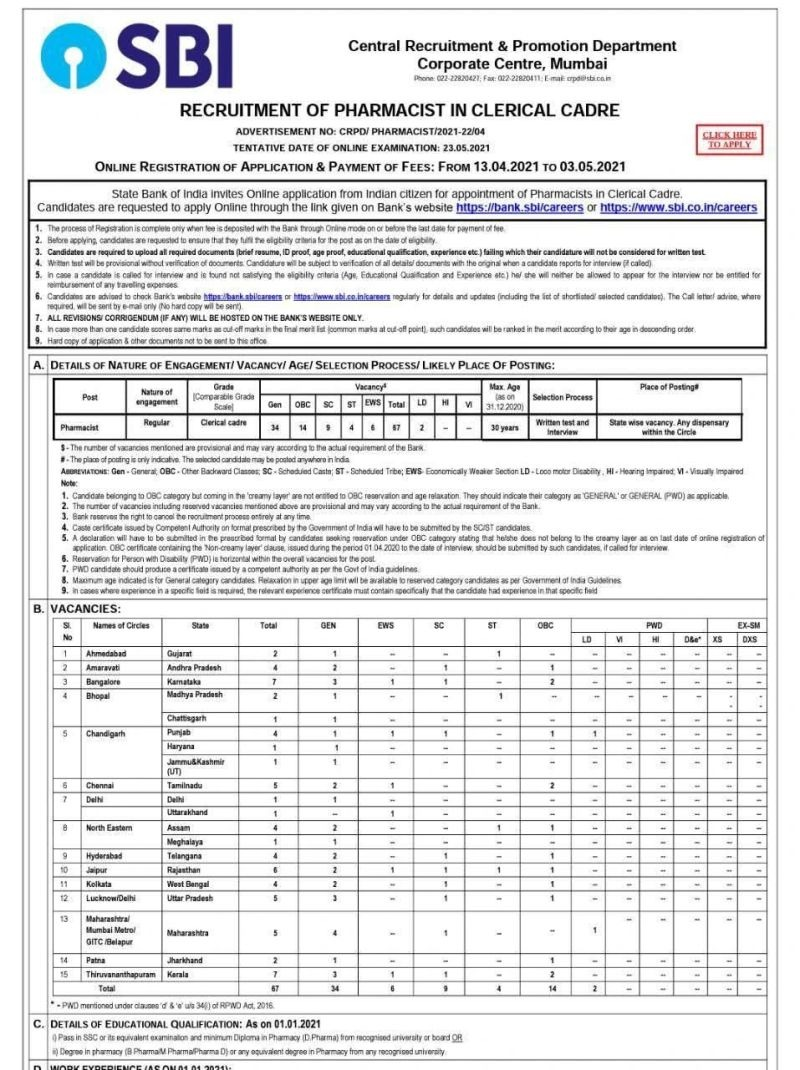 SBI Pharmacist Recruitment 2021