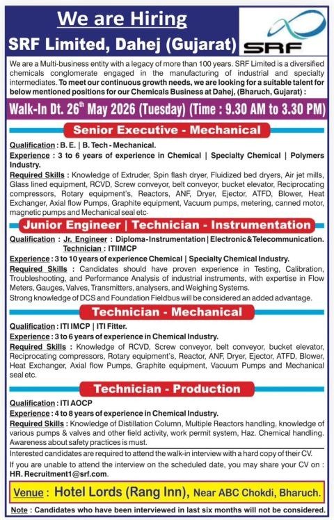 SRF Limited Dahej Walk-In Interview