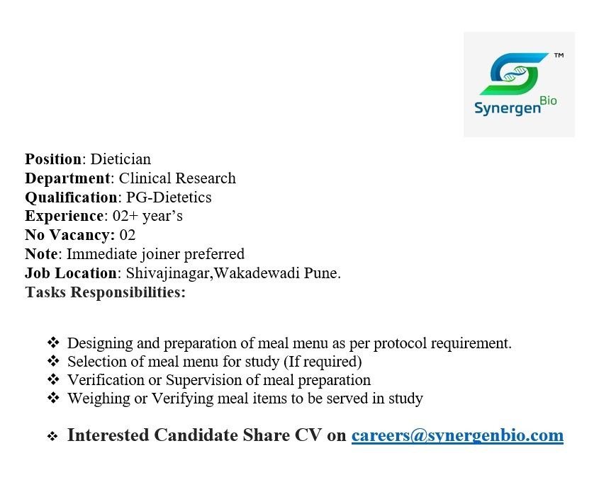 Synergen Bio Hiring Dietician