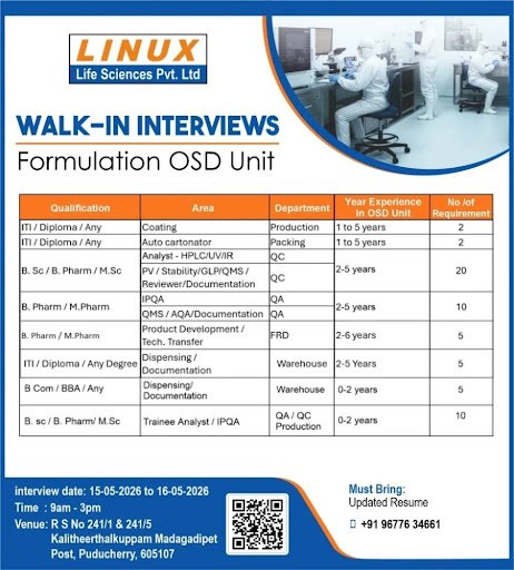 LINUX Life Sciences Pvt. Ltd Walk-In Interview 2026