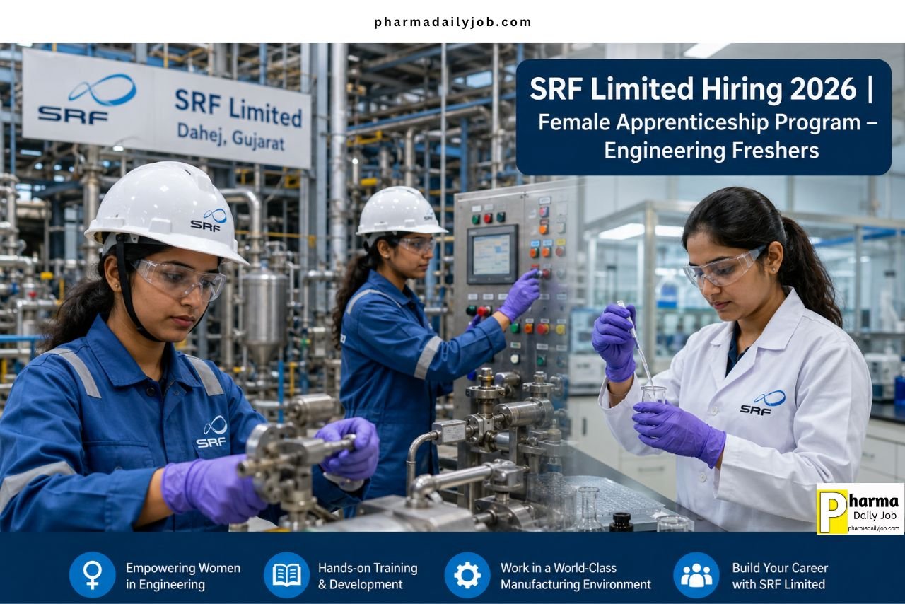 “A modern chemical manufacturing plant in Dahej Gujarat with female engineers in PPE working on industrial equipment, control panels, and laboratory testing, promoting women empowerment in engineering, ultra-realistic, professional industrial photography style” Text Overlay Suggestion: “SRF Limited Hiring 2026 | Female Apprenticeship Program – Engineering Freshers”