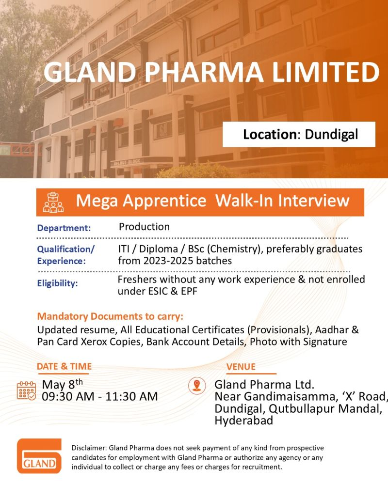 Gland Pharma Walk-In Interview