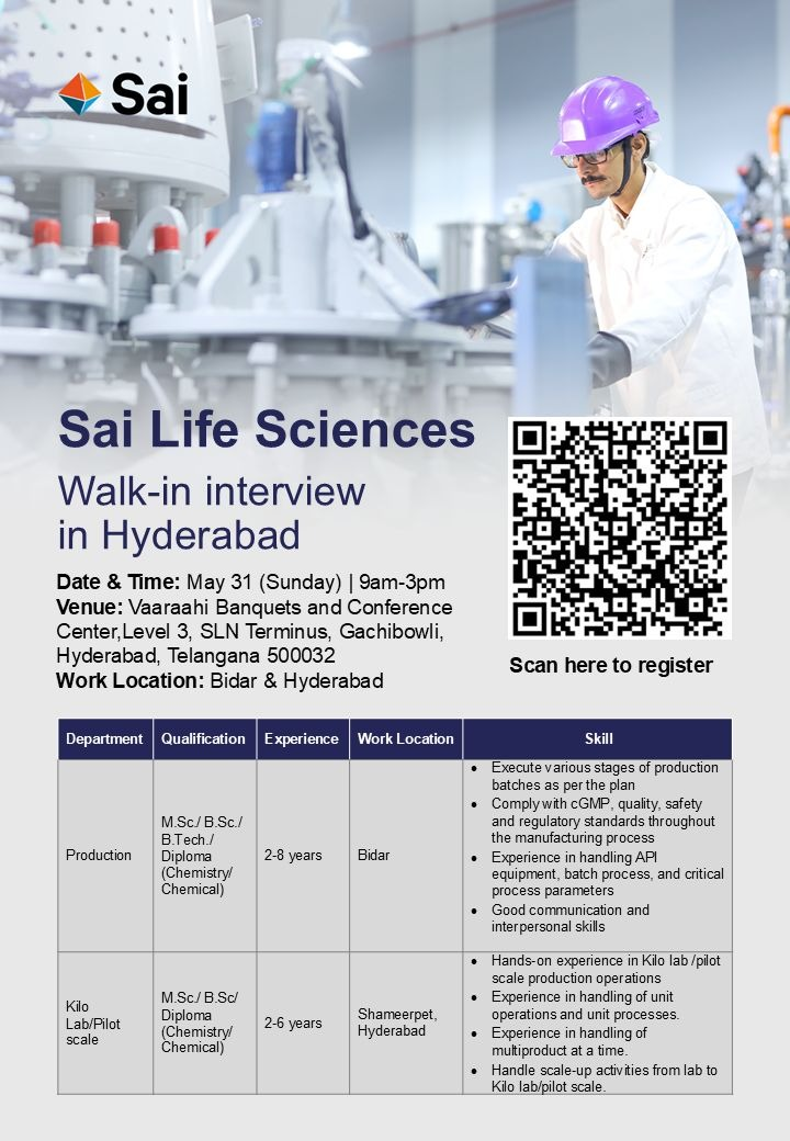 Sai Life Sciences Hiring Production Professionals