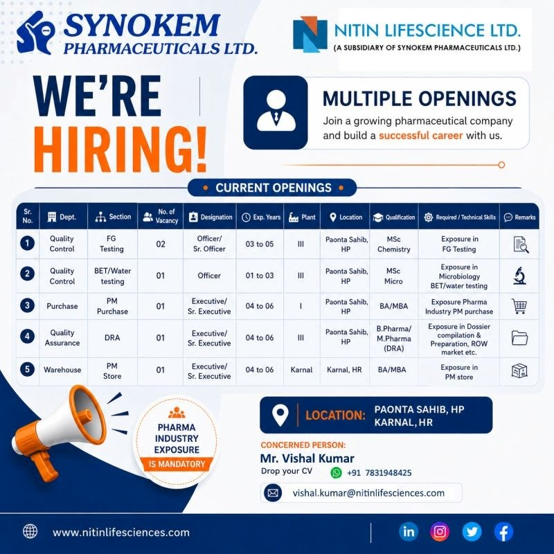 Nitin Lifesciences Hiring 2026