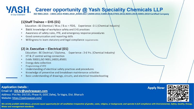 Yash Speciality Chemicals Hiring 2026