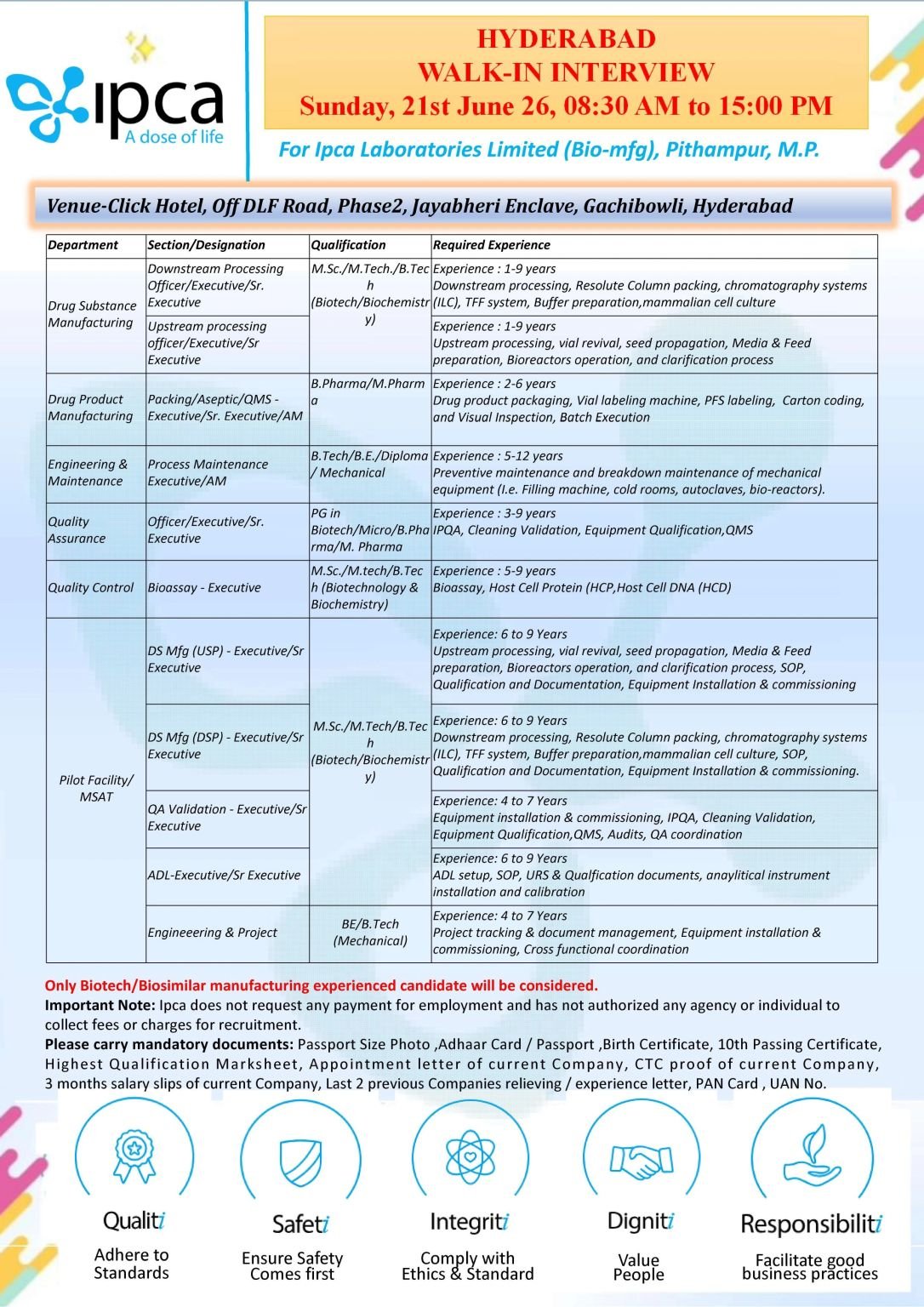 Link this article to:

Gujarat Fluorochemicals Limited (GFL) Walk-In Interview 2026 – Engineering & HSE Jobs in Dahej | 10 June
Piramal Pharma Walk-In Drive 2026 – Executive Production & QC (API) Jobs in Telangana
Incepta Pharmaceuticals Hiring Pharmacists 2026: Freshers & Experienced Apply Online Before June 15
Cosmos Pharma Hiring 2026 – Utility Technician Jobs (Water Treatment & Air Compressor)
Tata Memorial Hospital Walk-In Interview 2026 – Clinical Research Coordinator Jobs in Mumbai (17 June)
