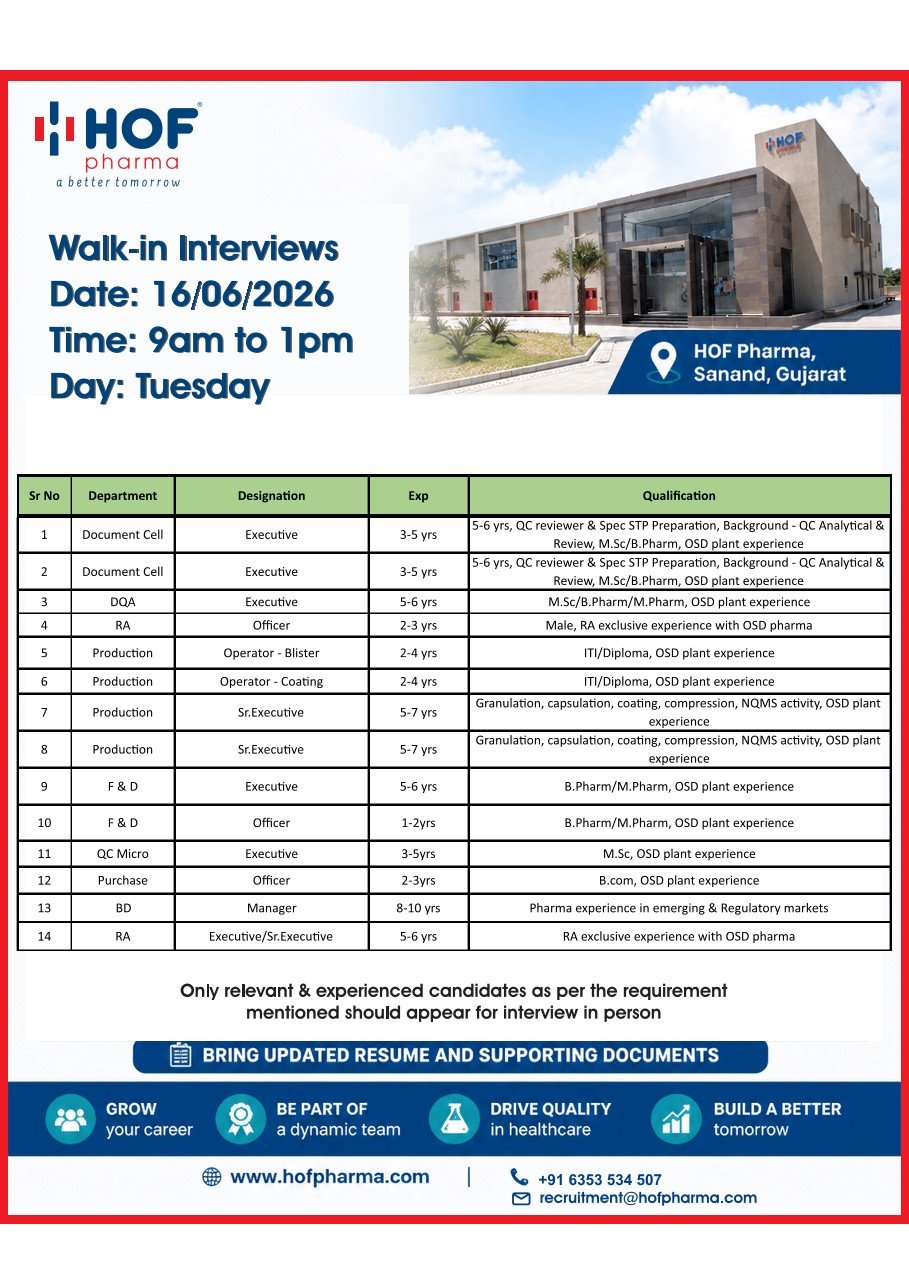 HOF Pharma Walk-In Interview 2026