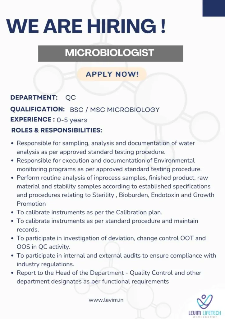 Levim Lifetech Hiring Microbiologist