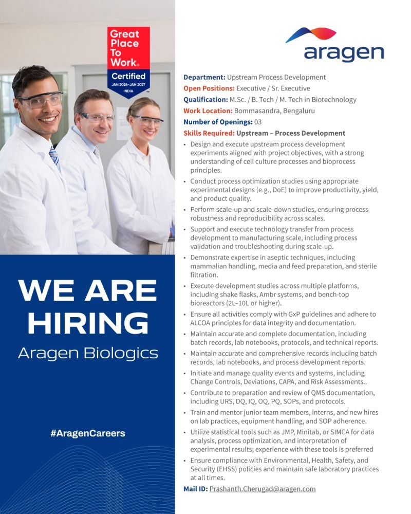 Aragen Biologics Hiring 2026 | Upstream Process Development Jobs in Bangalore