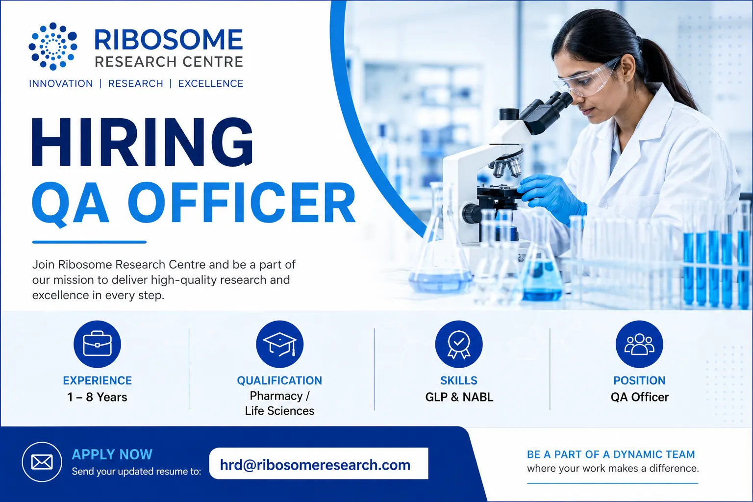 Ribosome Research Centre Hiring QA Officer 2026