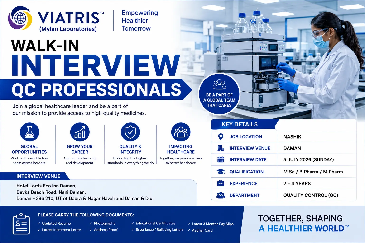 Viatris (Mylan) Hiring QC Professionals 2026